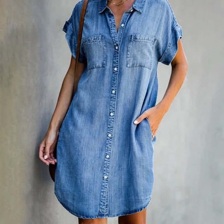 Elegant women's denim-style mini dress with tummy control. Versatile & stylish for casual everyday wear. Light blue.