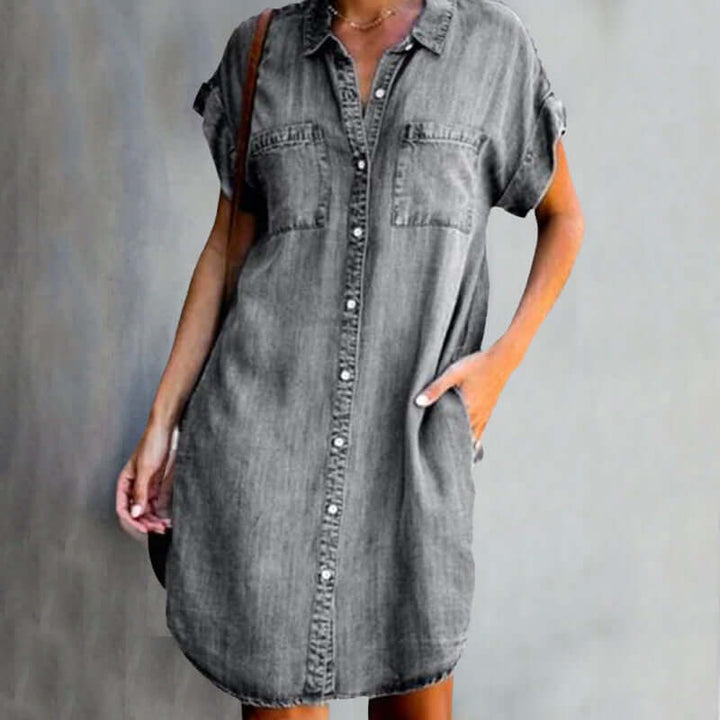 Comfortable women's mini dress in a stylish denim-look fabric. Features tummy control for a flattering fit. Gray.