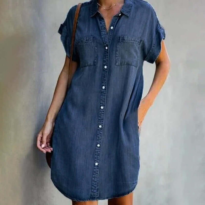 Fashionable dark gray denim-style mini dress for women. Elegant & comfortable with built-in tummy control.