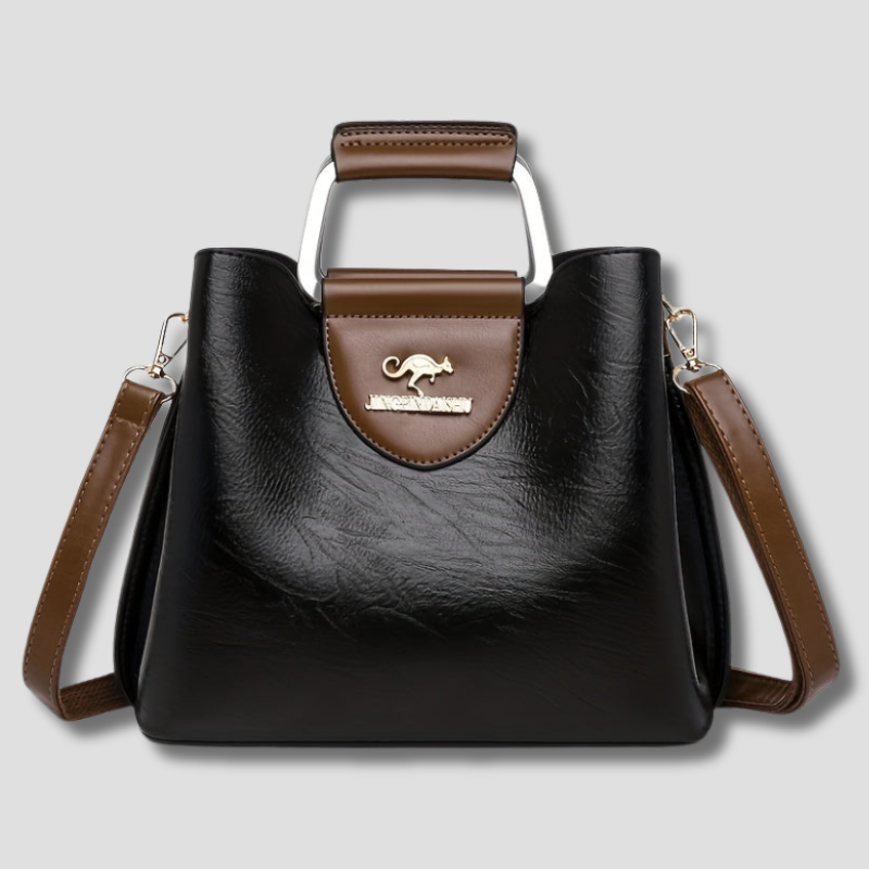 Elegant women's designer leather shoulder bag in brown & black, perfect for everyday chic fashion.