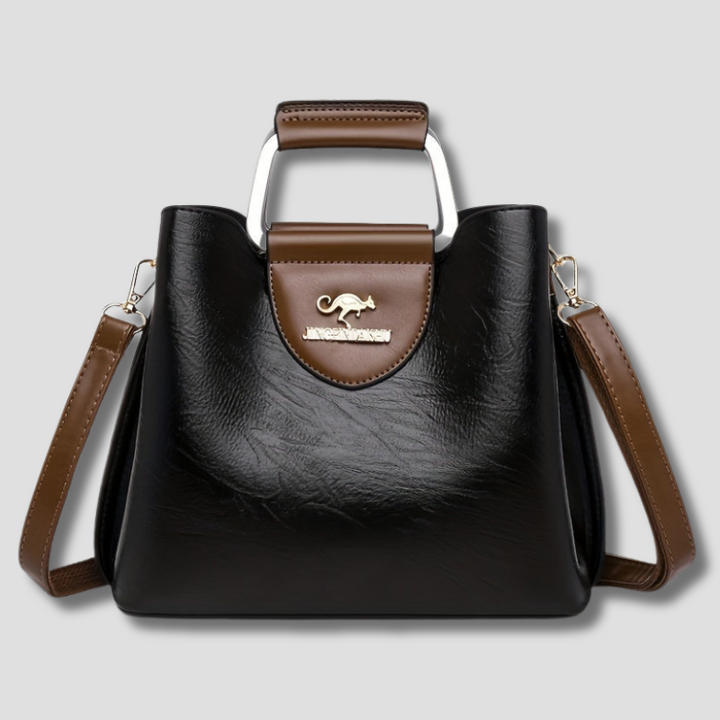 Elegant women's designer leather shoulder bag in brown & black, perfect for everyday chic fashion.
