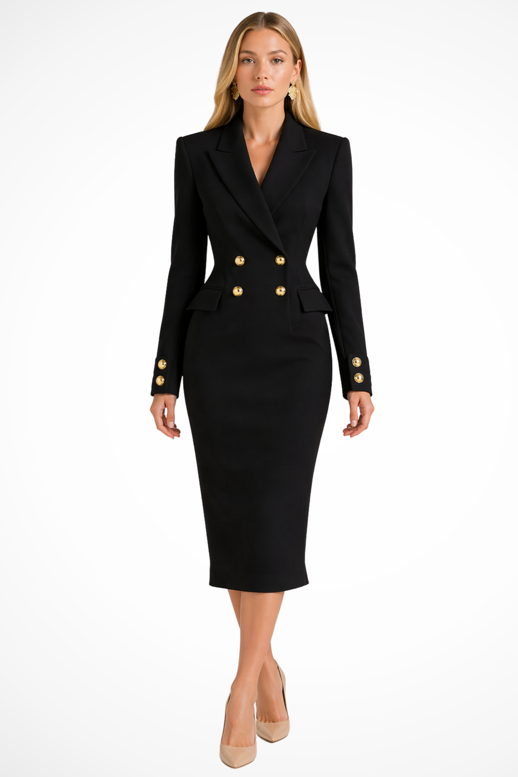 Formal workwear midi blazer dress for women, featuring a classic double-breasted design & gold buttons.