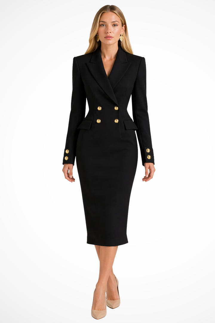 Formal workwear midi blazer dress for women, featuring a classic double-breasted design & gold buttons.