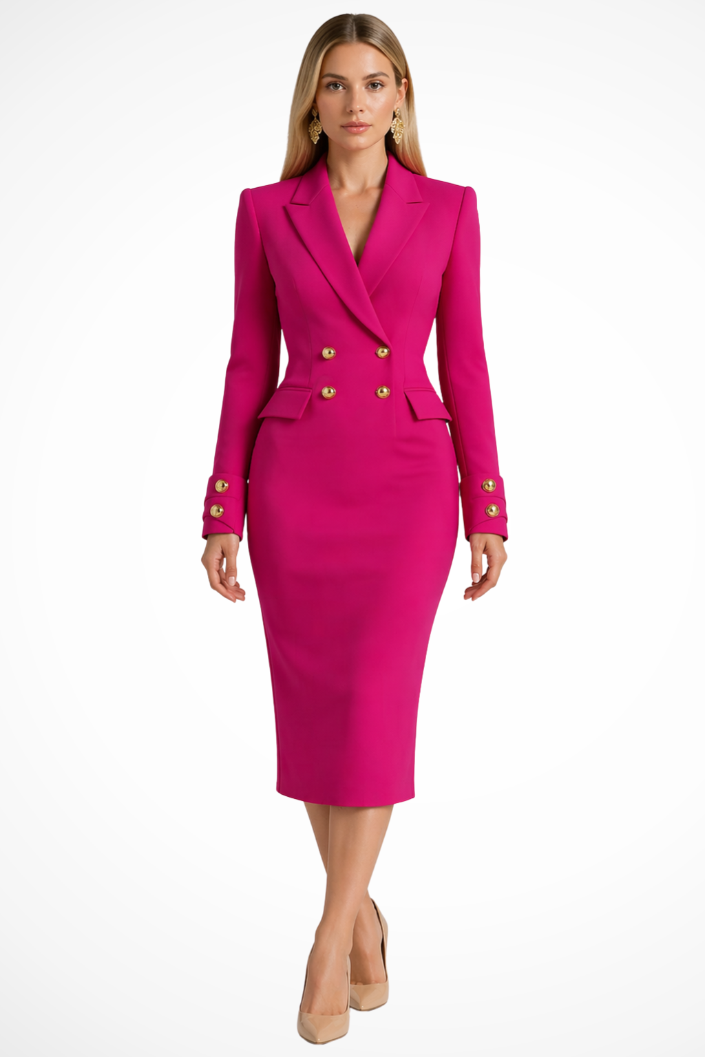 Stylish women's blazer midi dress. Double-breasted design, tailored fit, and dazzling gold button accents.