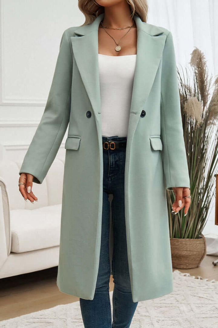 Chic women's long coat, double-breasted, a timeless elegant addition to your wardrobe.