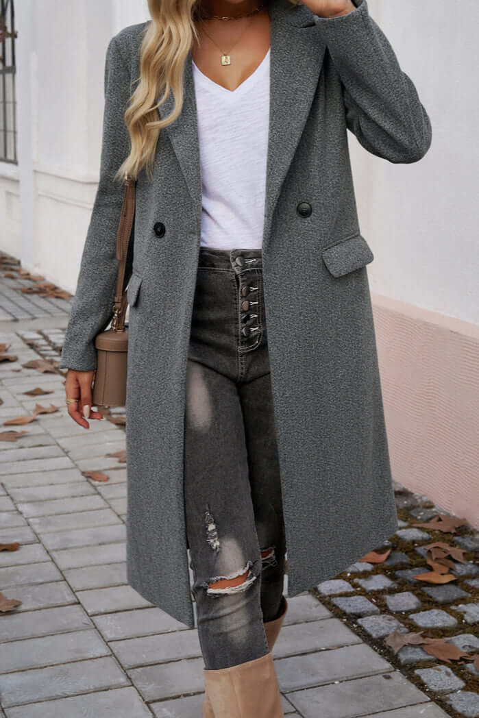 Timeless women's elegant long coat, double-breasted design for chic fall fashion.