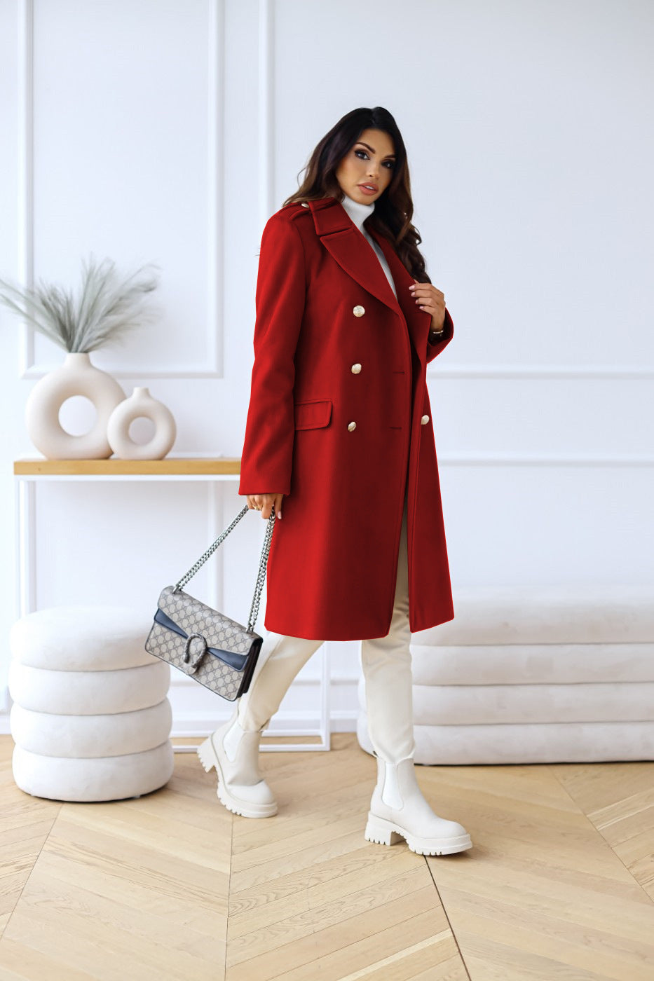 Refined women's long coat, double-breasted design for elegant fall & winter outfits.