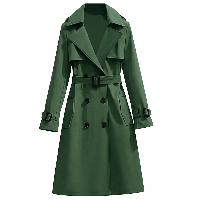 Elegant women's double-breasted long trench coat in olive green. Perfect for fall & winter fashion, classic outerwear.