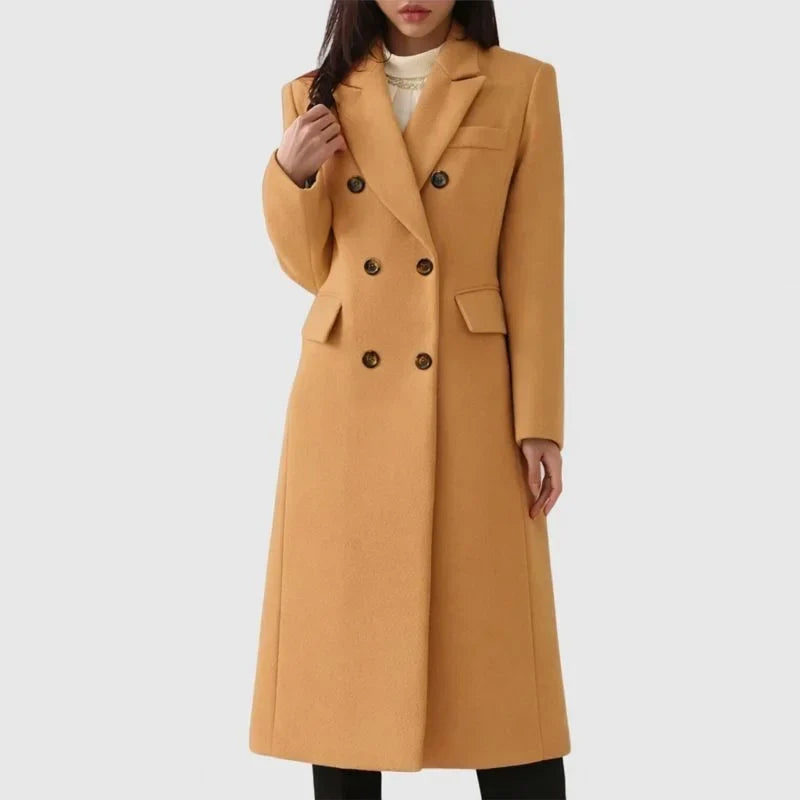 Elegant women's double-breasted long trench coat with notched lapel, perfect for sophisticated winter fashion.