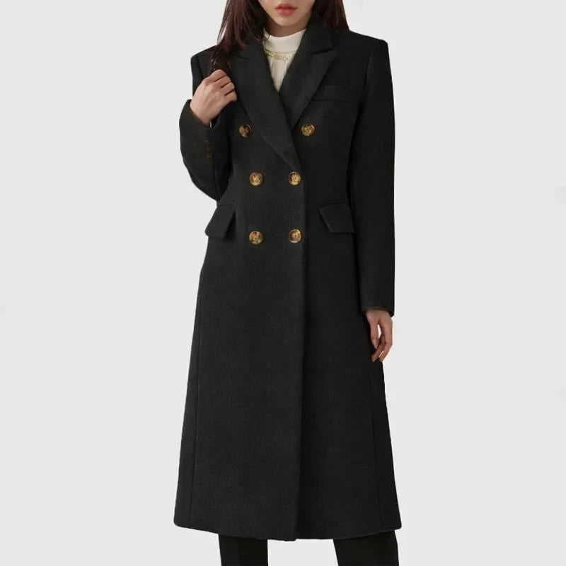 Women's elegant long trench coat, double-breasted with a chic notched lapel, a timeless piece for any wardrobe.