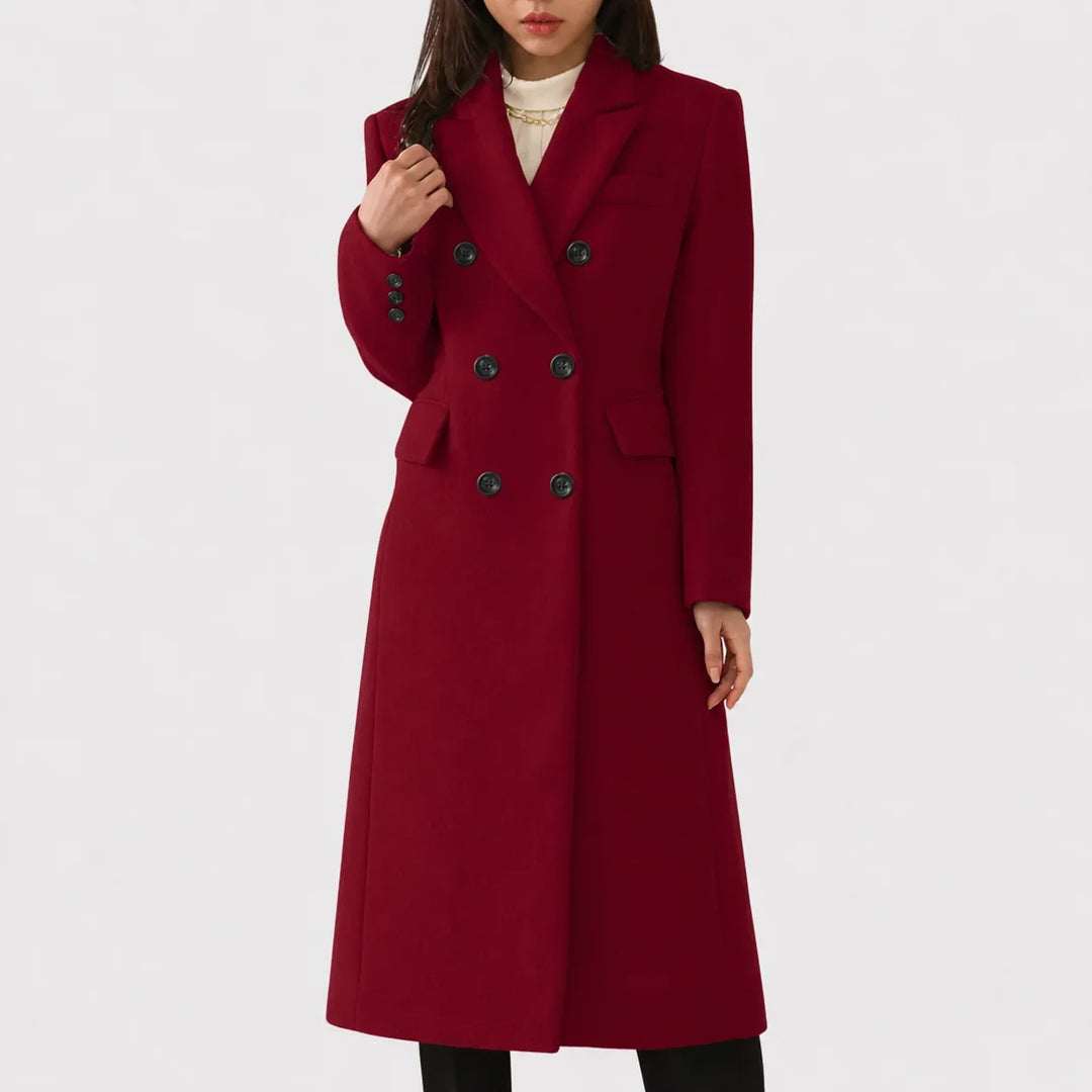 Fashionable women's long trench coat, double-breasted, with notched lapel for elegant winter outerwear.