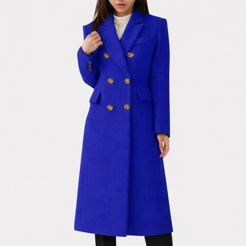 Elegant women's double-breasted long trench coat, a classic style ladies jacket with sophisticated notched lapel.