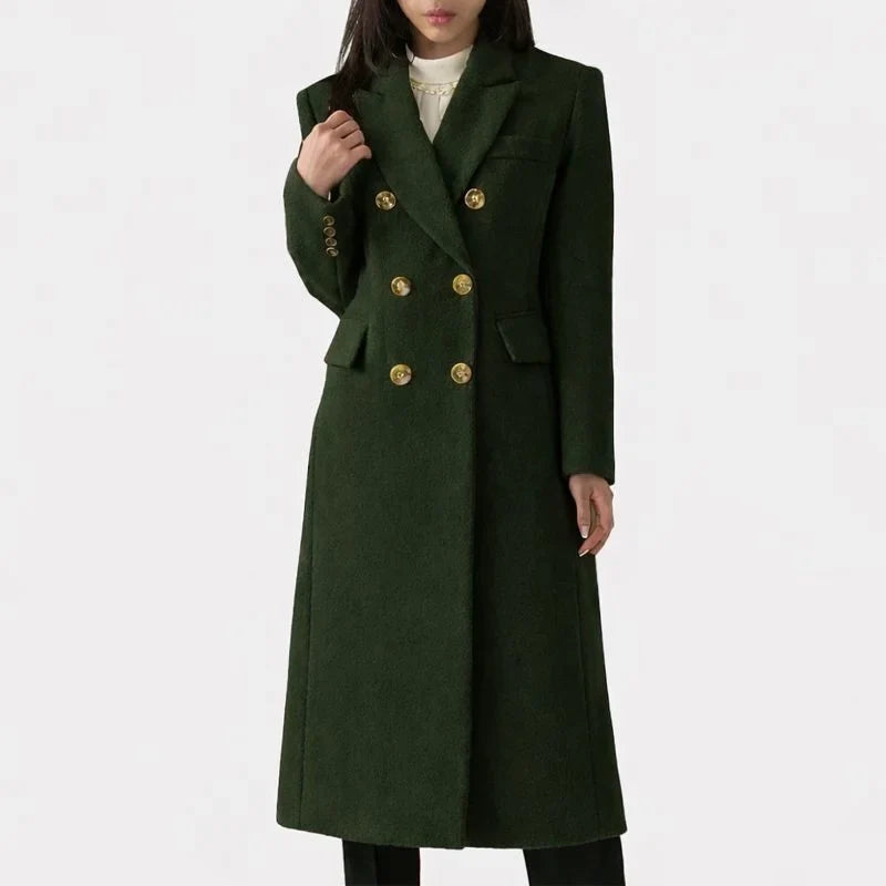 Sophisticated women's long coat, double-breasted trench style with a prominent notched lapel; elegant winter wear.