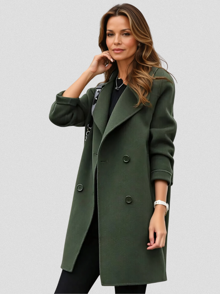 Elegant women's double-breasted longline coat in a chic, timeless style, perfect for autumn outerwear.
