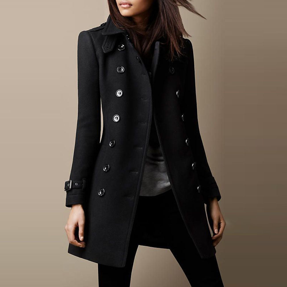 Elegant women's double-breasted mid-length coat. Classic style for fall/winter, perfect for business casual.