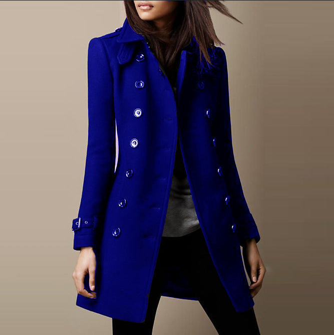 Classic women's double-breasted coat. Mid-length design, sophisticated for office or elegant fall/winter wear.