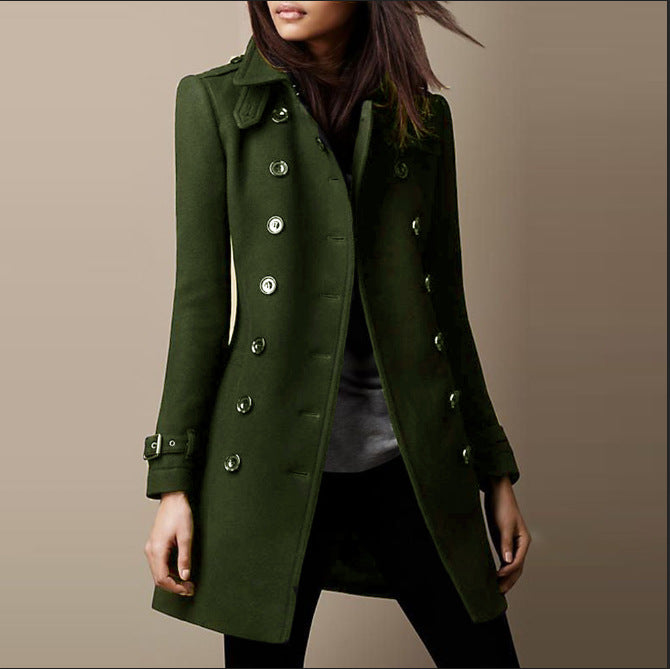 Chic women's double-breasted mid-length coat. Essential fall & winter fashion, a stylish and versatile jacket.
