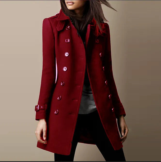 Sophisticated women's mid-length double-breasted coat. Elegant classic outerwear, perfect for winter style.