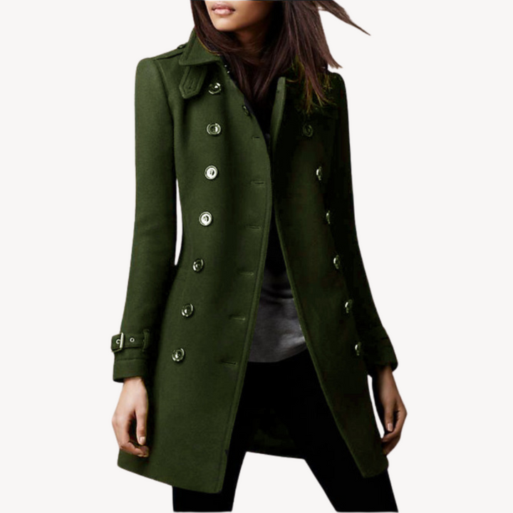Elegant women's double-breasted peacoat, mid-length winter coat for chic outerwear fashion.