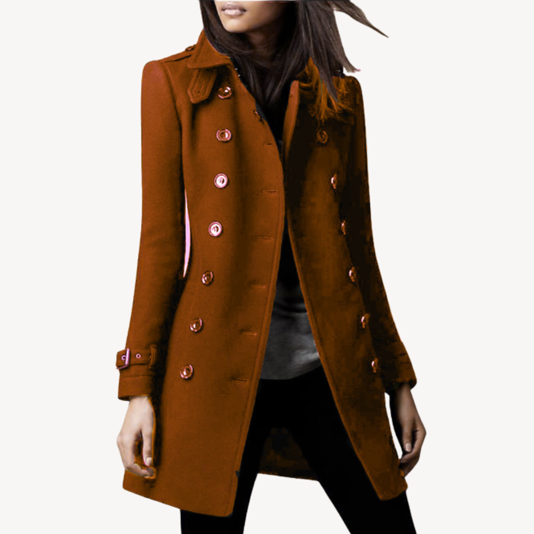 Stylish mid-length women's peacoat, double-breasted, perfect for elegant winter fashion & classic outerwear.