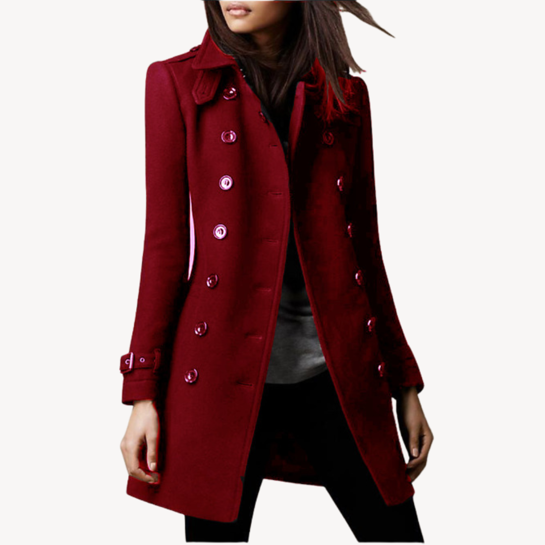 Warm & elegant women's double-breasted peacoat, mid-length winter jacket. Essential classic outerwear fashion.