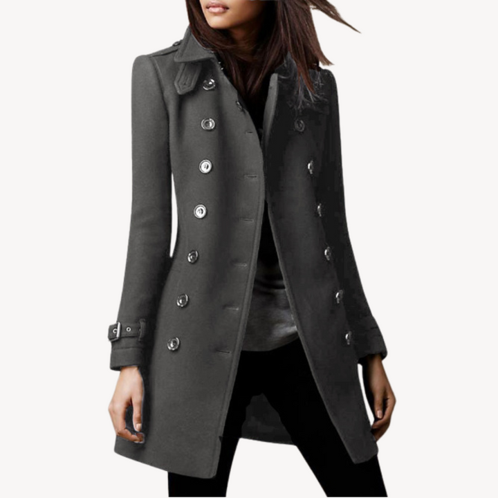 Tailored mid-length women's peacoat, double-breasted, showcasing elegant fit for sophisticated winter outerwear.