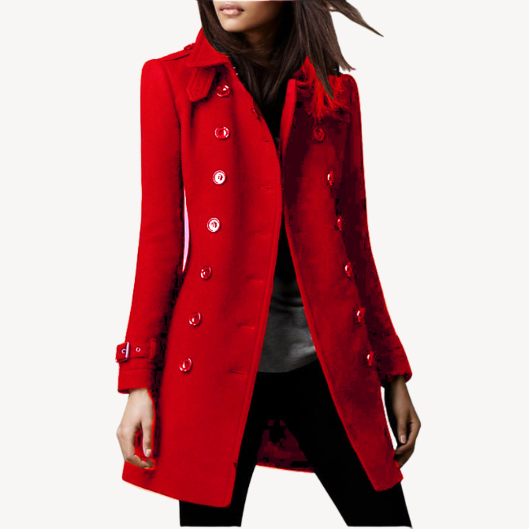 Close-up of elegant women's double-breasted peacoat, mid-length, highlighting classic buttons & collar detail.