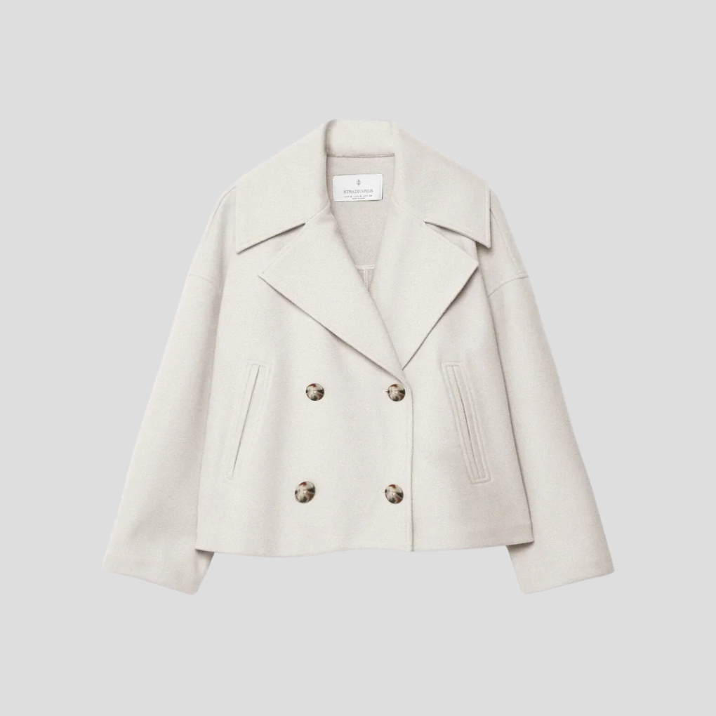 Elegant women's double-breasted short coat in a classic style, perfect for chic outerwear and tailored fit.