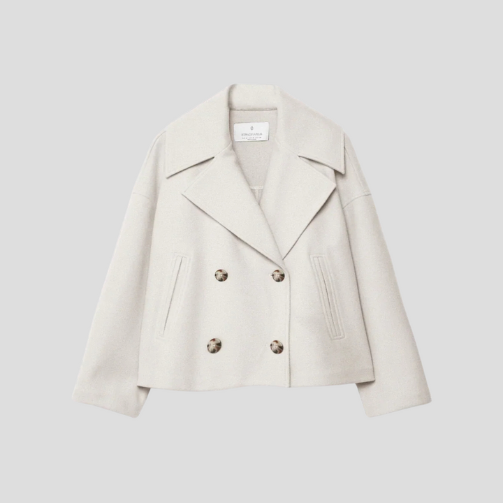 Elegant women's double-breasted short coat in a classic style, perfect for chic outerwear and tailored fit.