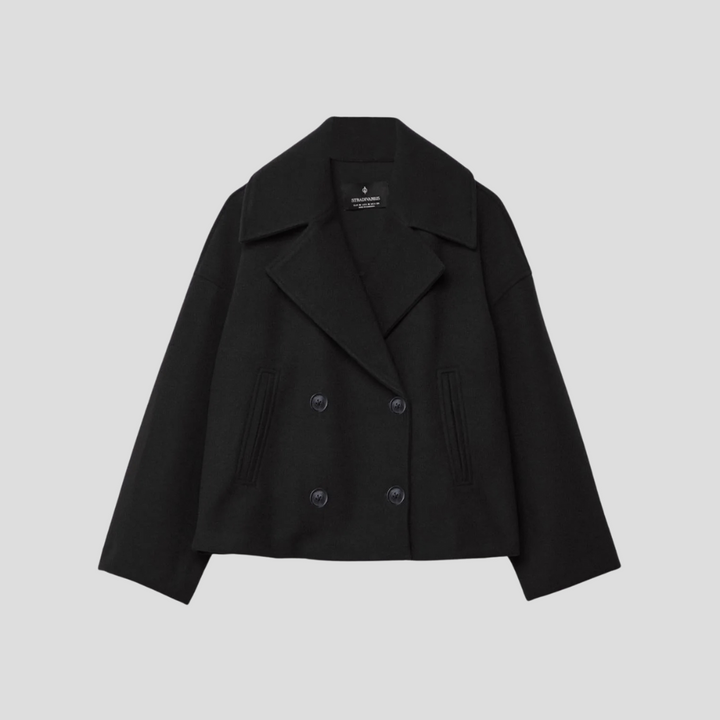 Chic women's double-breasted short coat, a versatile classic style for elegant business casual and outerwear.