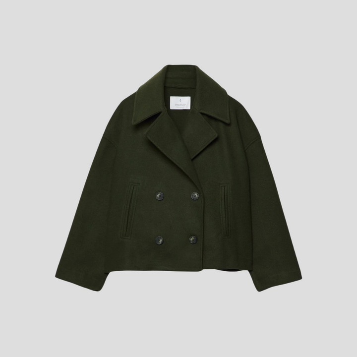 Timeless women's elegant double-breasted short coat. Classic outerwear with a tailored fit for chic fashion.
