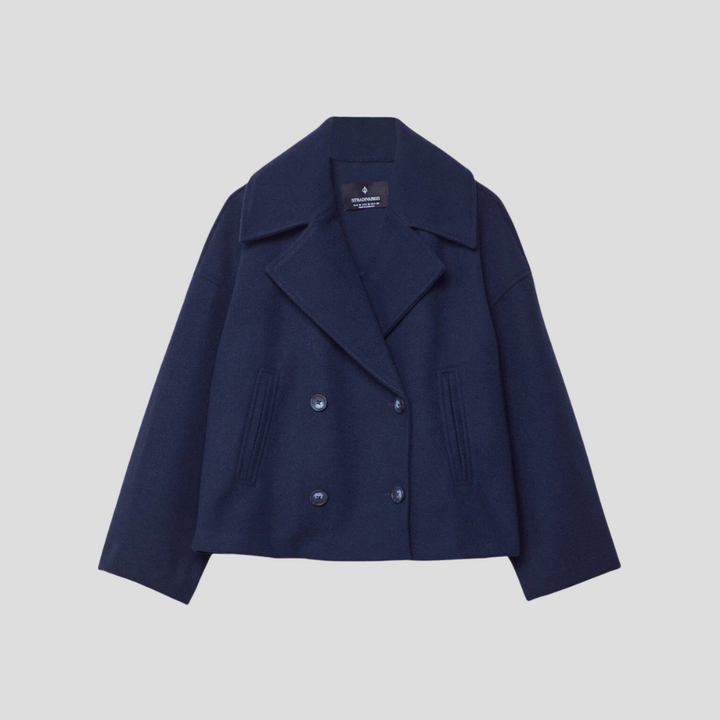 Stylish women's short coat, double-breasted design for an elegant, tailored fit. Chic and versatile outerwear.