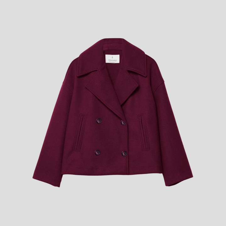 Elegant women's double-breasted jacket, a chic short coat with a classic, tailored fit. Versatile outerwear.