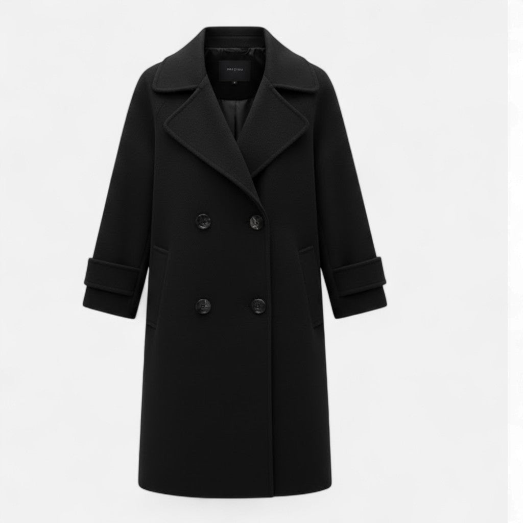 Elegant women's double-breasted slim fit longline coat in a classic style, perfect for fall and winter fashion.