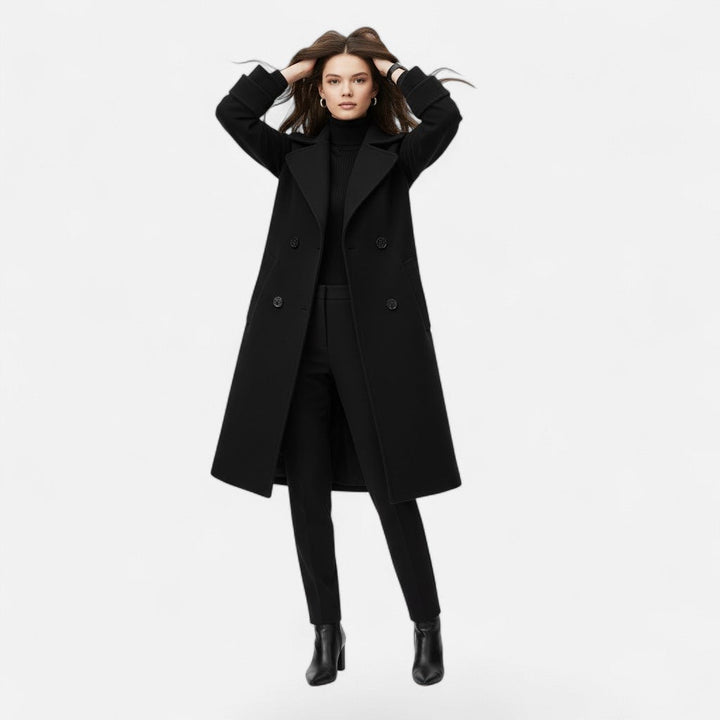 Classic double-breasted women's coat, slim fit, longline design. Elegant winter coat and stylish fall outerwear.