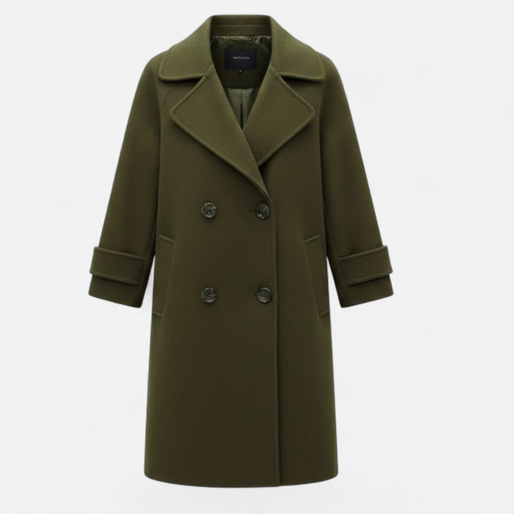 Fashionable women's double-breasted longline coat with a flattering slim fit. Perfect for elegant fall and winter style.