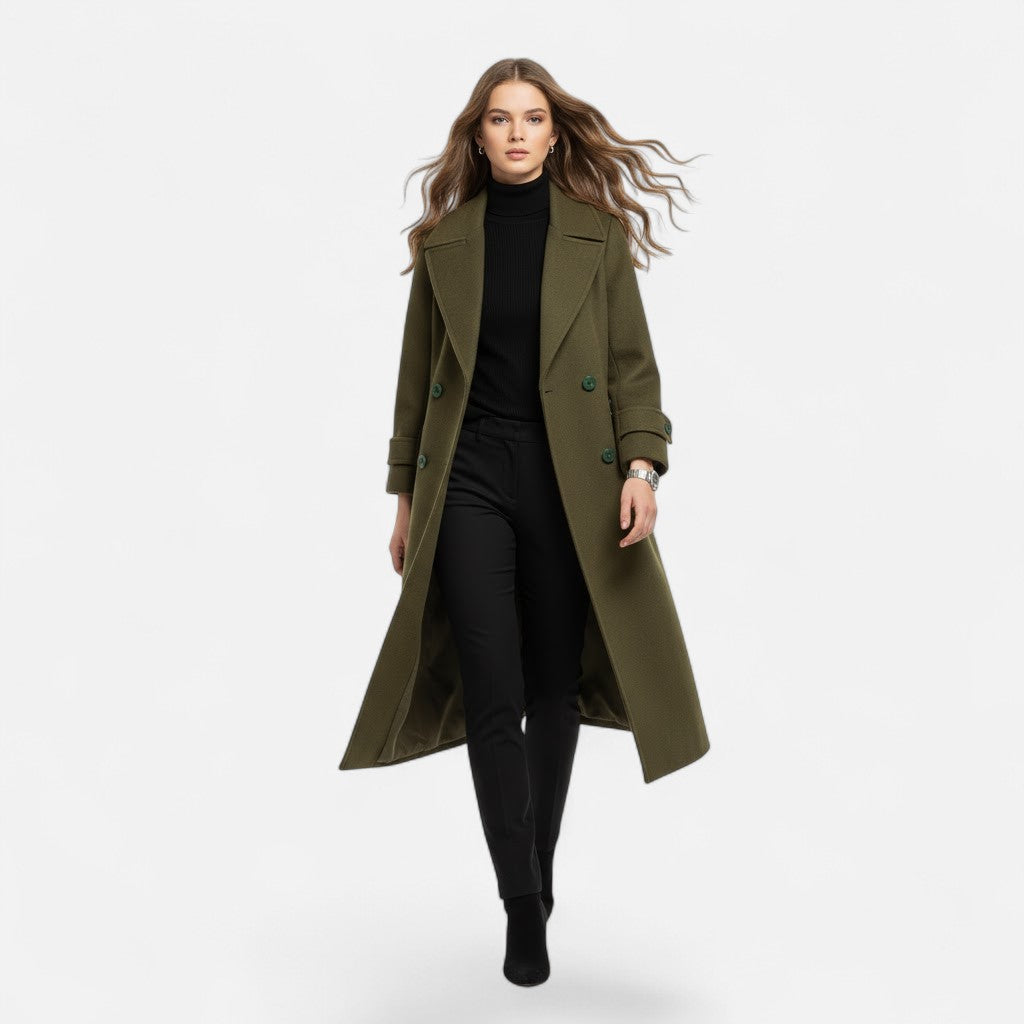 Women's elegant slim fit double-breasted coat. Longline design, classic style, ideal for winter and fall fashion.