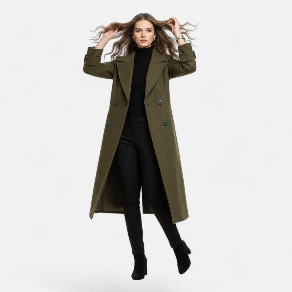 Stylish women's longline trench coat with a double-breasted, slim fit silhouette. Elegant outerwear for fall/winter.