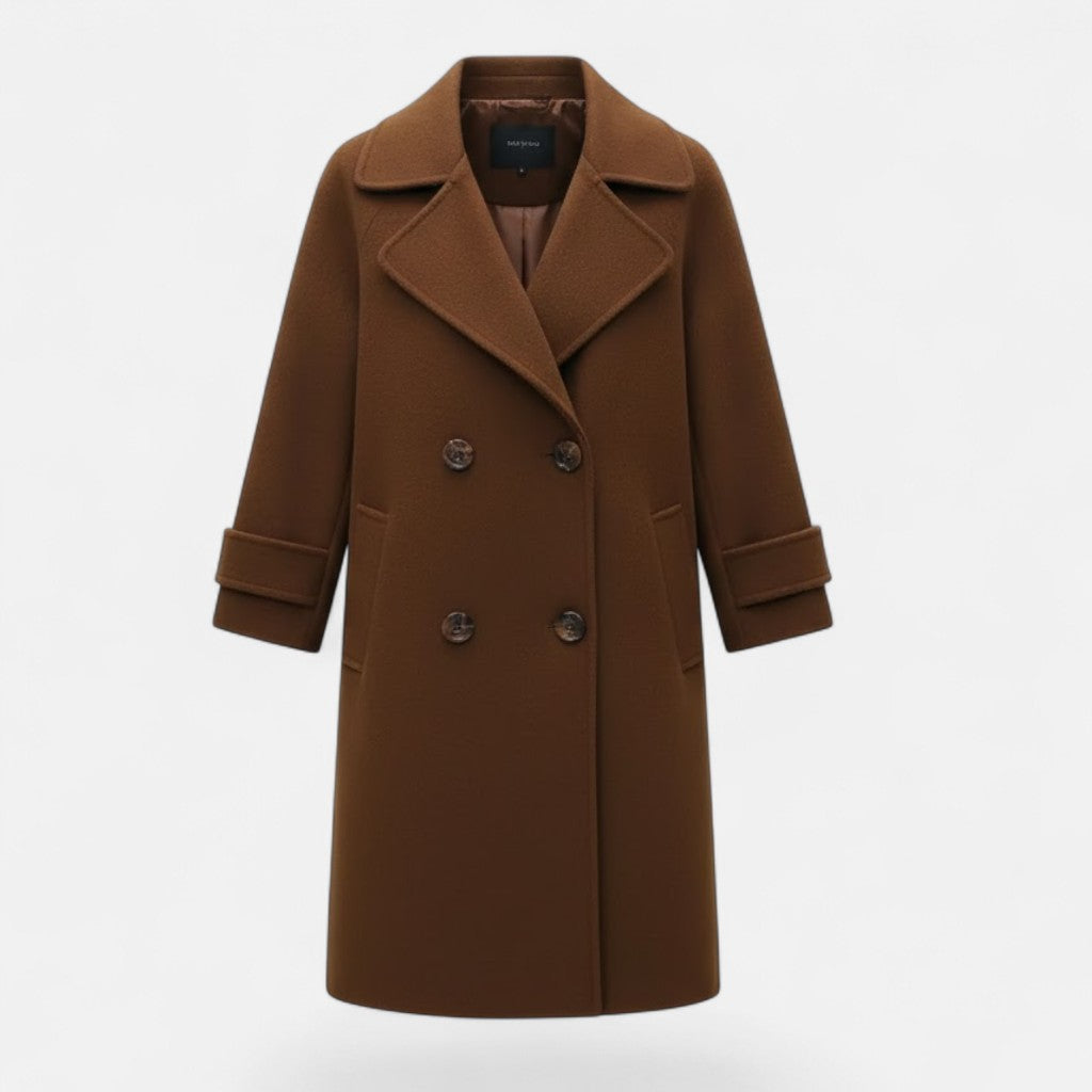 Classic women's double-breasted winter coat, featuring a slim fit and elegant longline style. Fashionable outerwear.