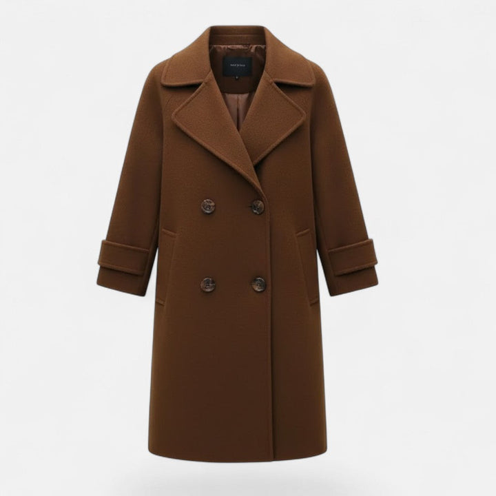 Classic women's double-breasted winter coat, featuring a slim fit and elegant longline style. Fashionable outerwear.
