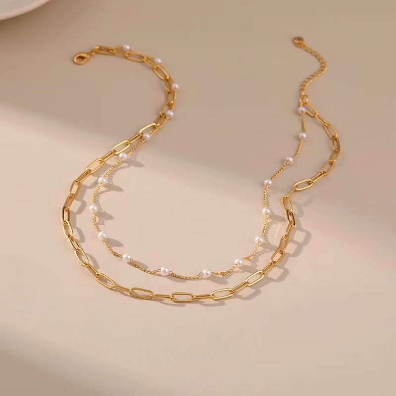 Adjustable women's double layered pearl chain anklet, versatile and comfortable elegant foot jewelry.