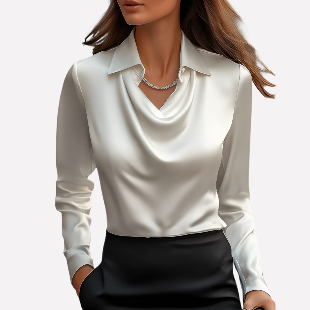 Elegant women's draped collar blouse with long sleeves in a sophisticated solid color for fashion.