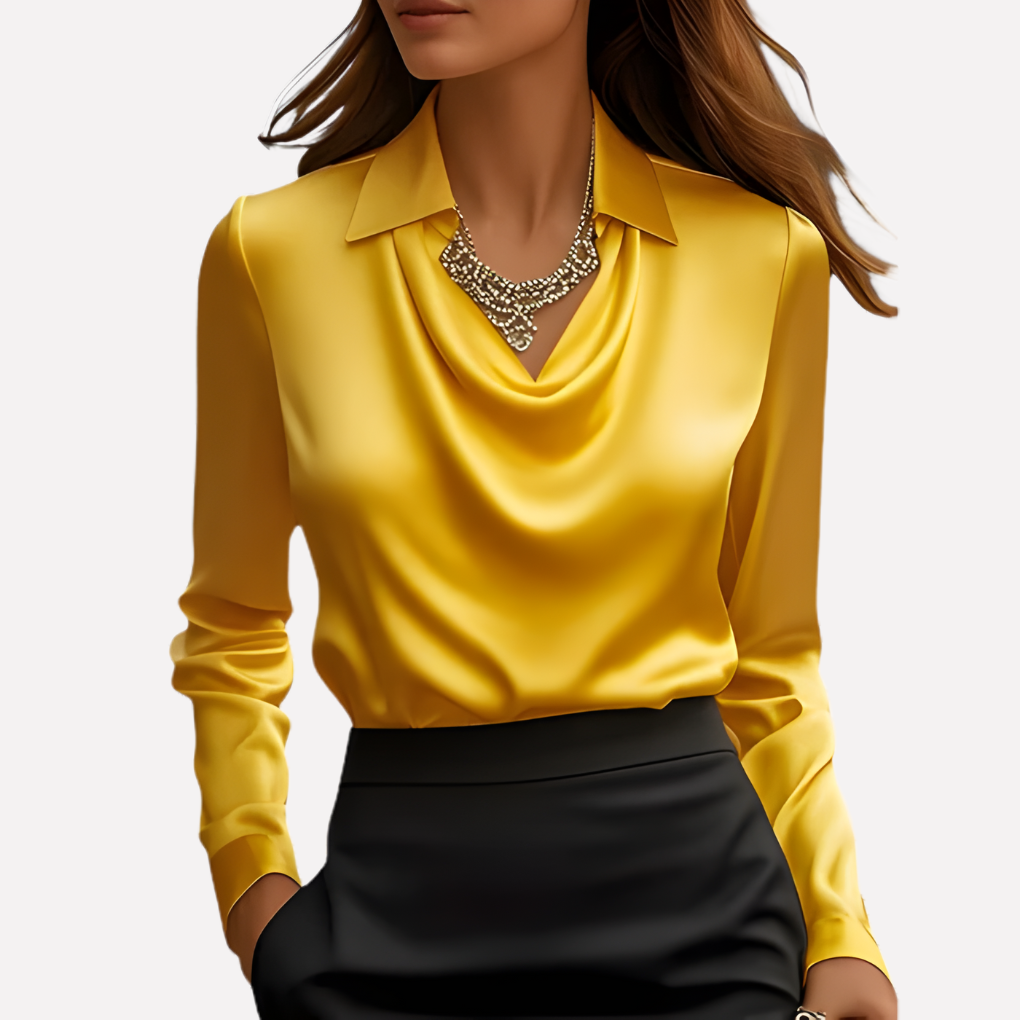 Elegant women's long sleeve top featuring a graceful draped collar, a versatile fashion piece.
