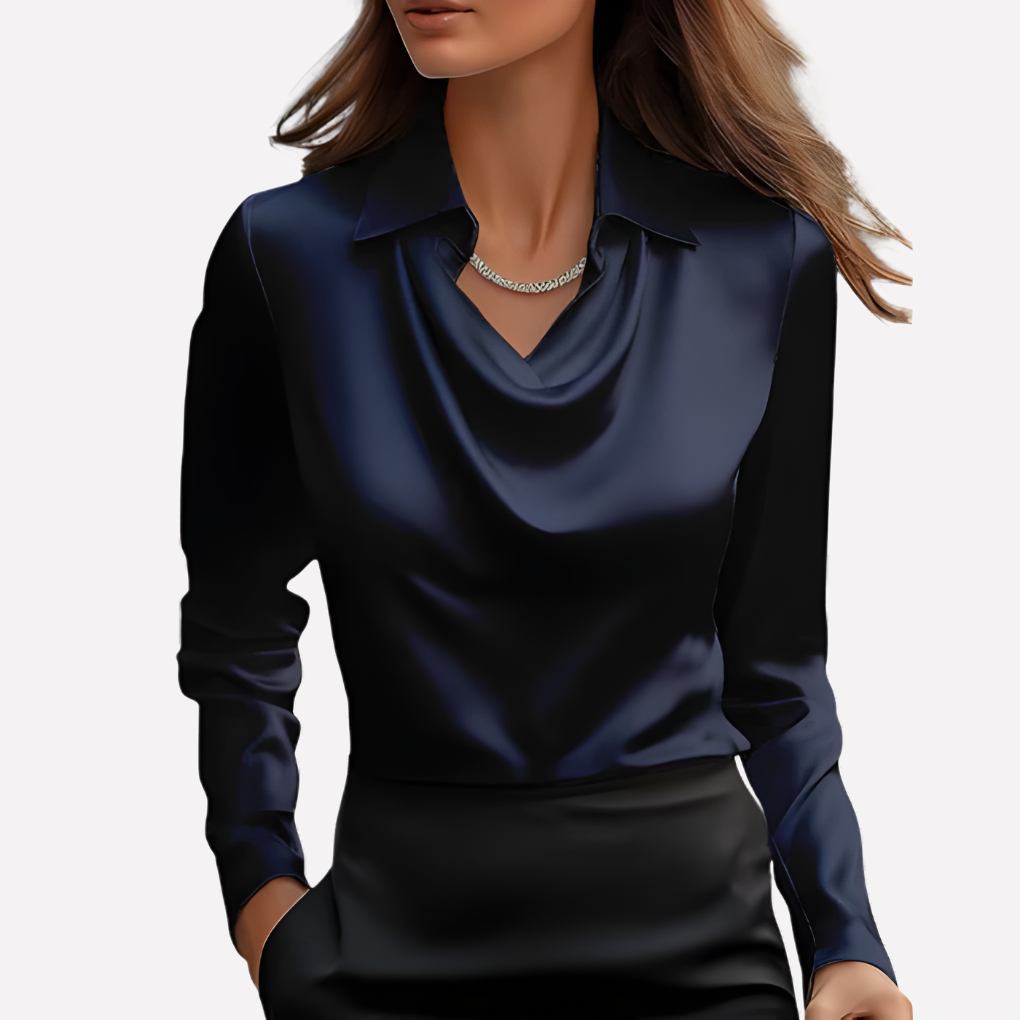 Sophisticated women's blouse with a draped collar, long sleeves, and relaxed fit for evening wear.