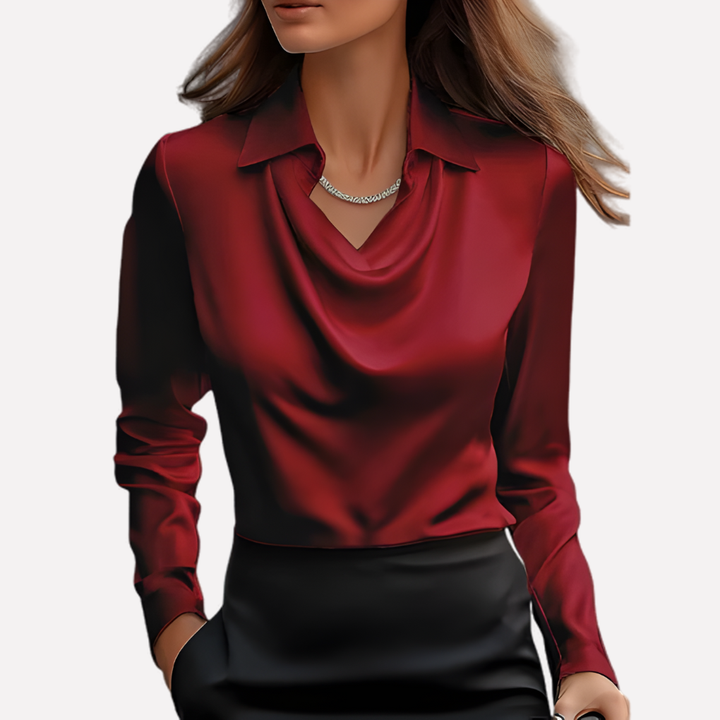 Solid color women's elegant top with a draped collar and long sleeves, a chic and versatile piece.
