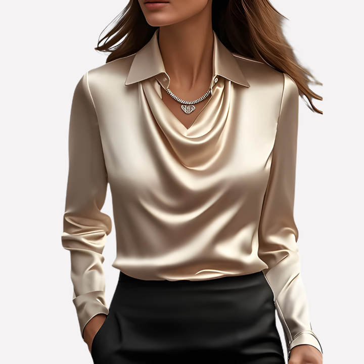 Fashionable women's long sleeve blouse with a flattering draped collar, ideal for any occasion.