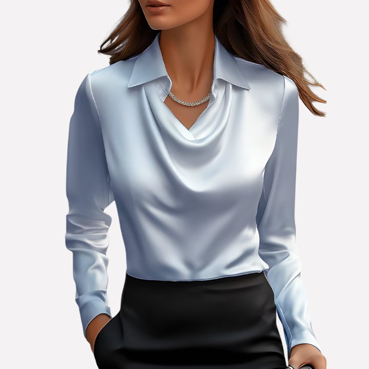 Relaxed fit women's draped collar blouse, a chic long sleeve top for work or casual styling.