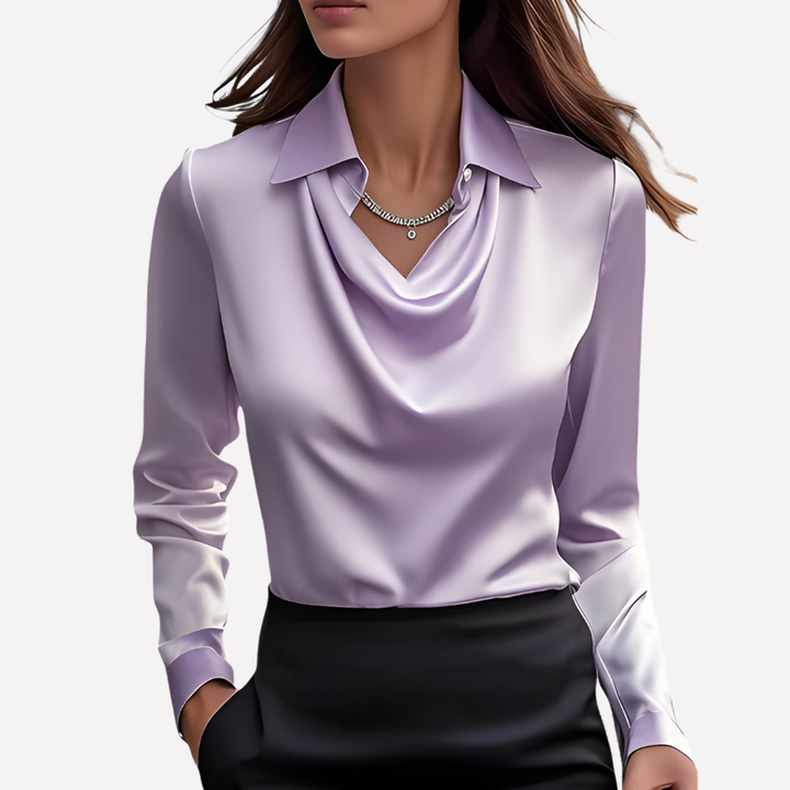Draped collar women's long sleeve blouse, an elegant and versatile solid color top for fashion.