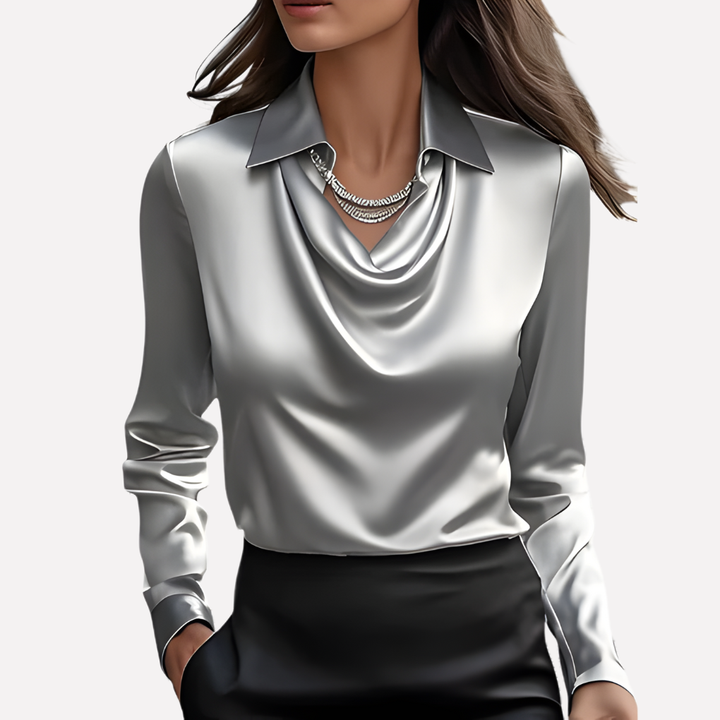 Women's sophisticated long sleeve top with a beautiful draped collar, suitable for evening wear.