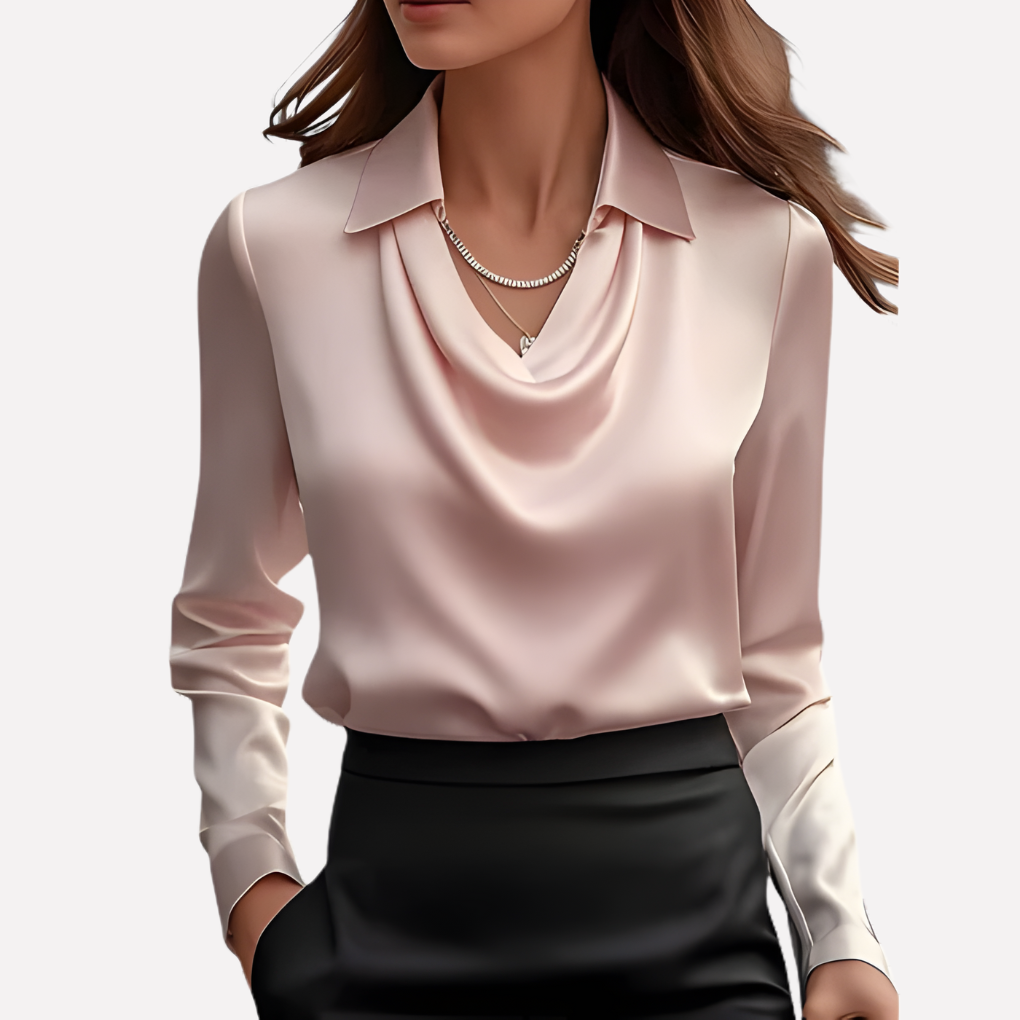 Chic solid color women's blouse with a draped collar and long sleeves, great for workwear.